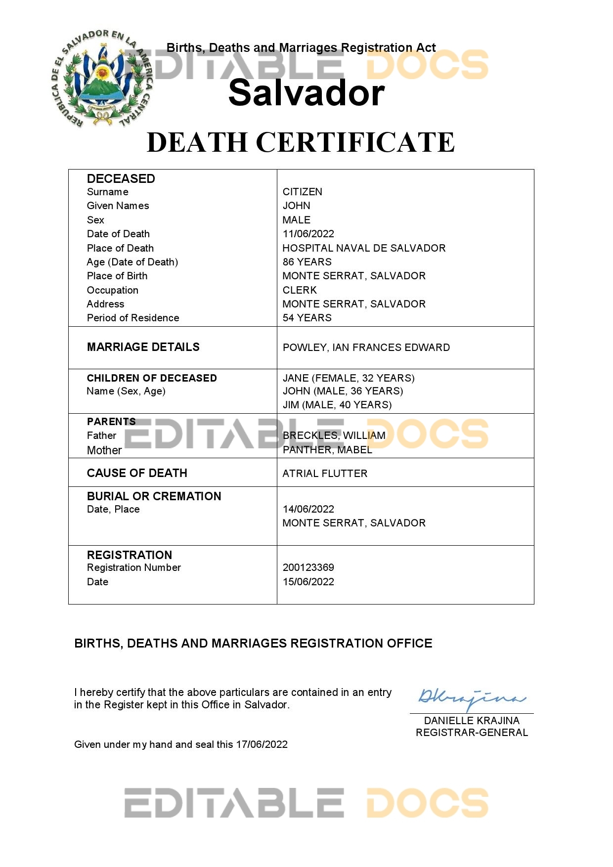 Fillable Salvador Death PDF Templates | Blank Docs