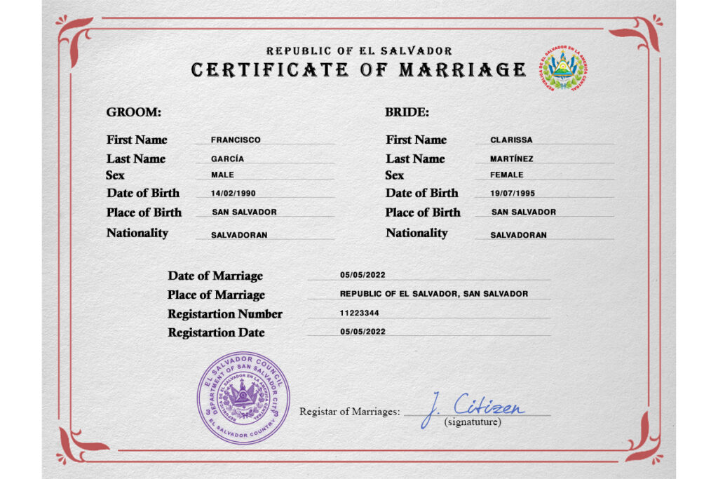 Salvador marriage certificate PSD template, fully editable