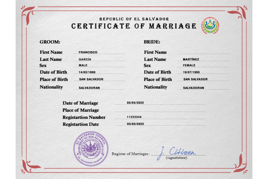 Salvador marriage certificate Word and PDF template, completely editable