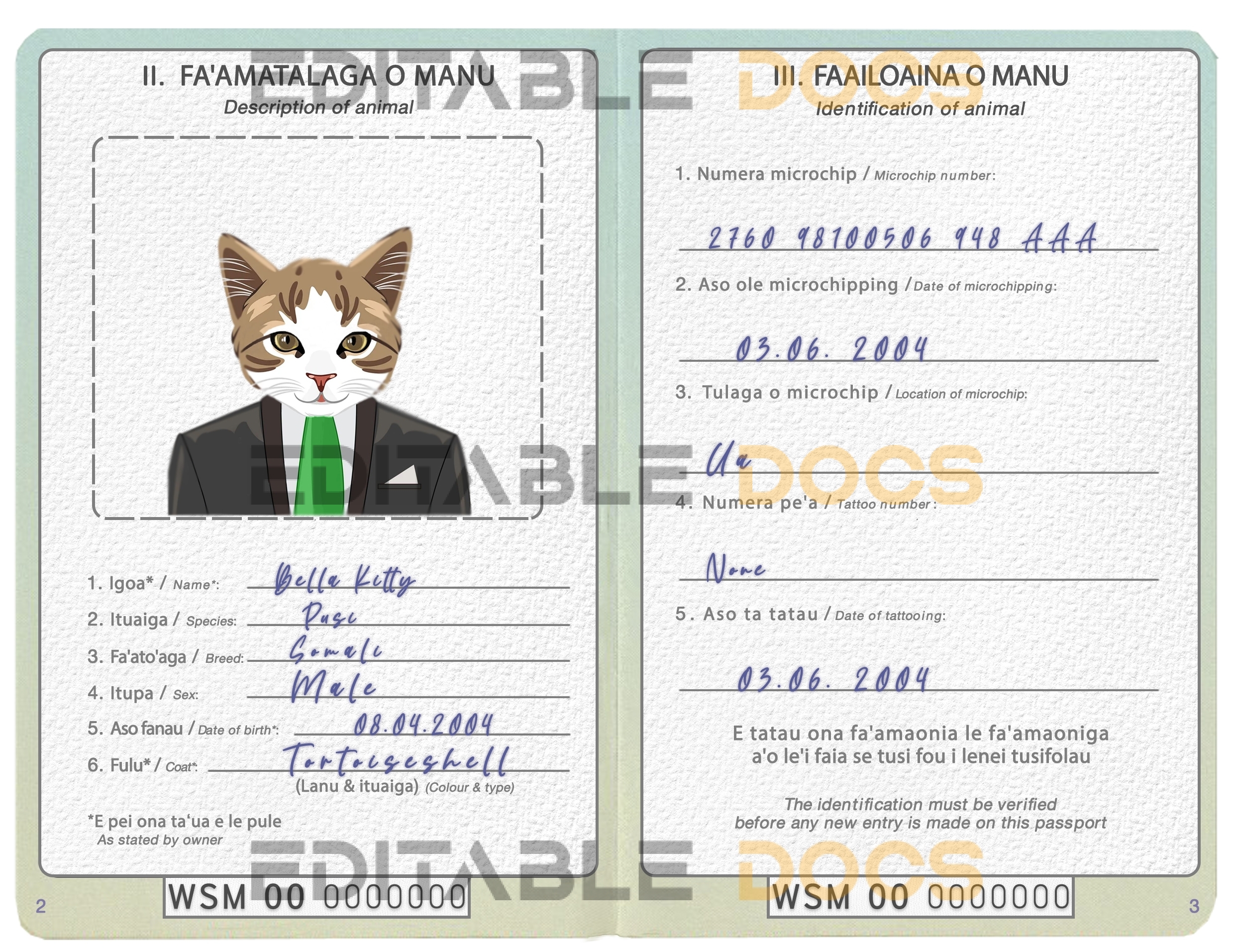 Samoa cat Fake PSD Passport | Instant Download