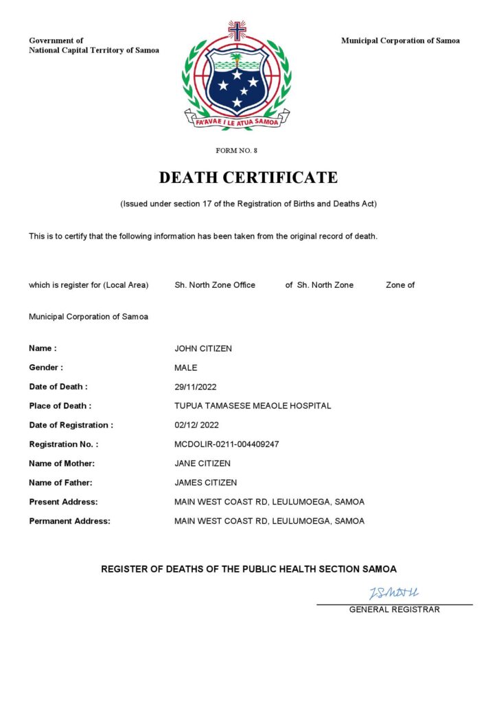 Samoa death certificate Word and PDF template, completely editable