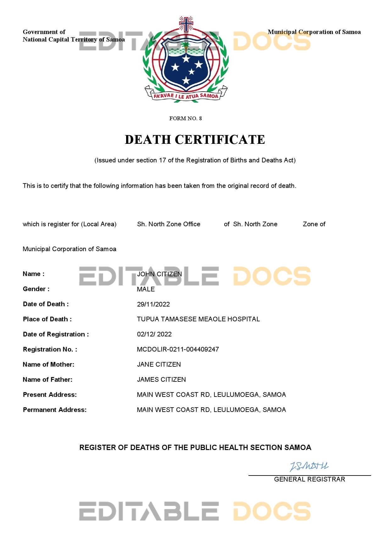 Fillable Samoa Death PDF Templates | Blank Docs