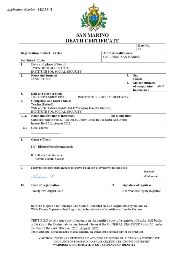 San Marino death certificate Word and PDF template, completely editable