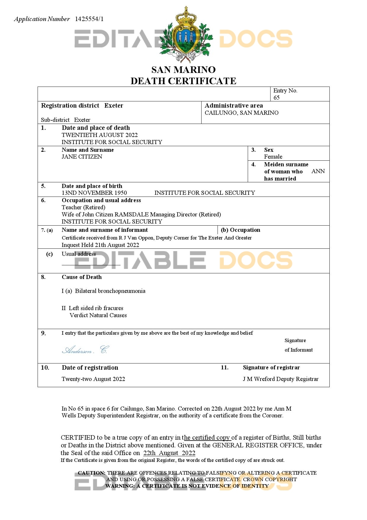 Fillable San Marino Death PDF Templates | Blank Docs
