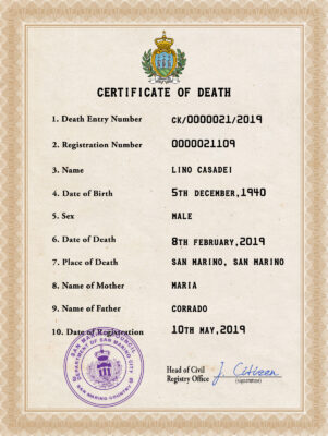 San Marino vital record death certificate PSD template, fully editable
