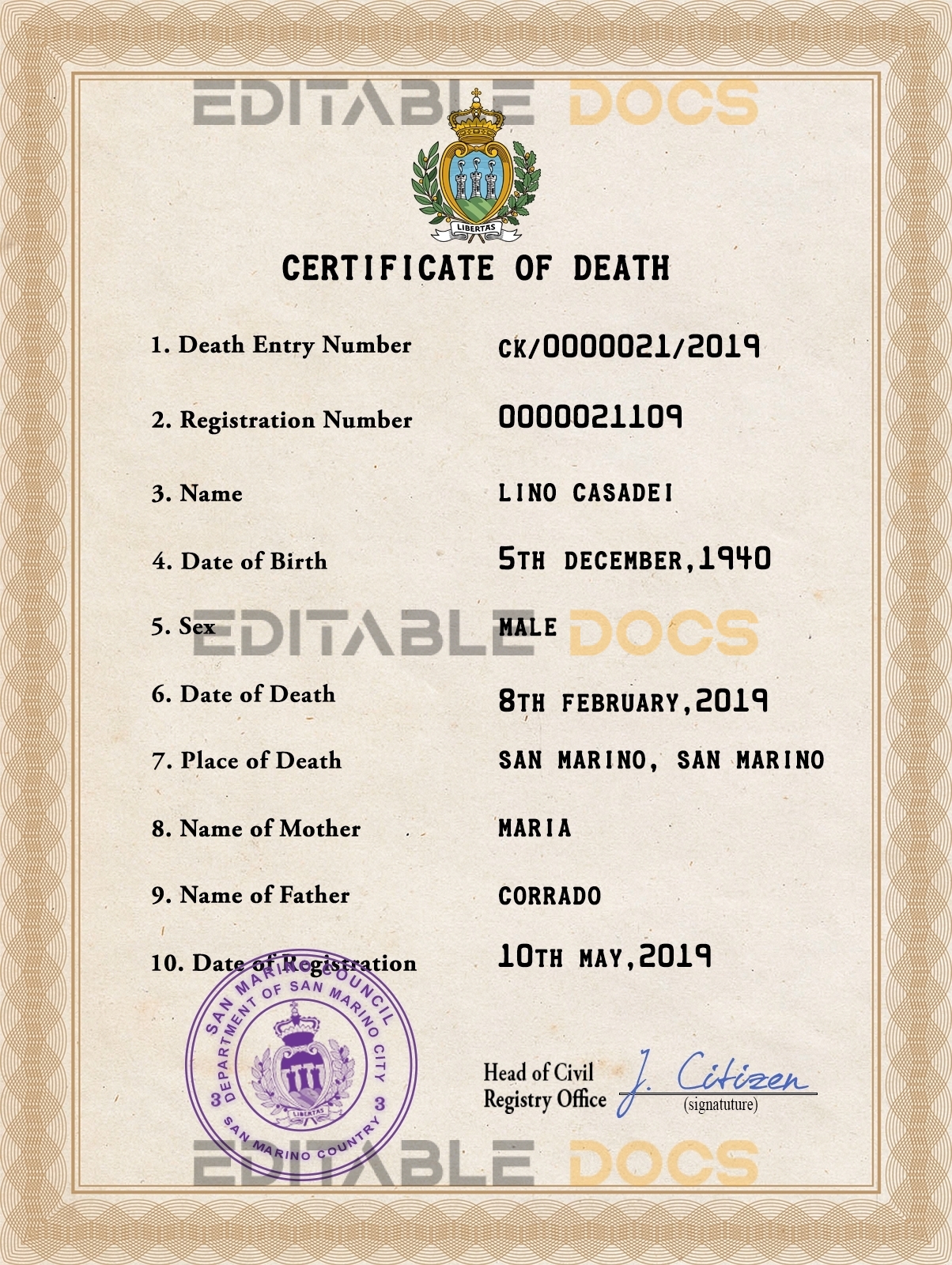 Customizable San Marino Death Certificate PSD Templates | Instant Download