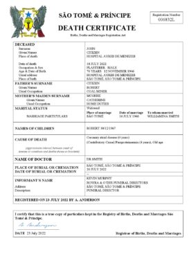 Sao Tome and Principe vital record death certificate Word and PDF template