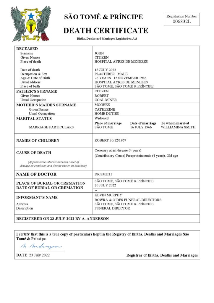 Sao Tome and Principe vital record death certificate Word and PDF template