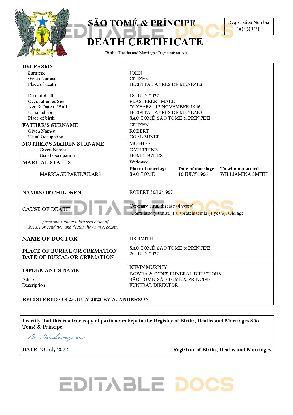 Fillable Sao Tome and Principe Death PDF Templates | Blank Docs