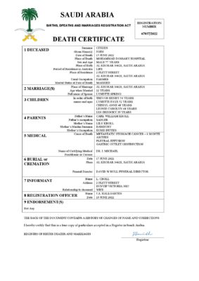 Saudi Arabia death certificate Word and PDF template, completely editable