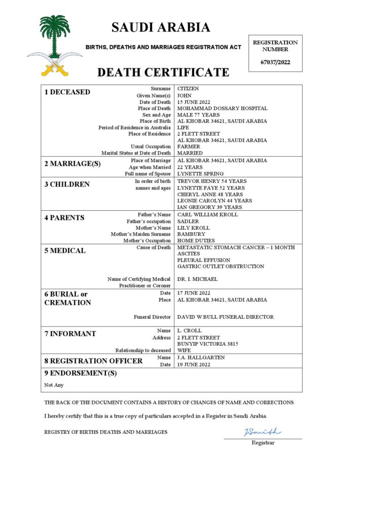 Saudi Arabia death certificate Word and PDF template, completely editable