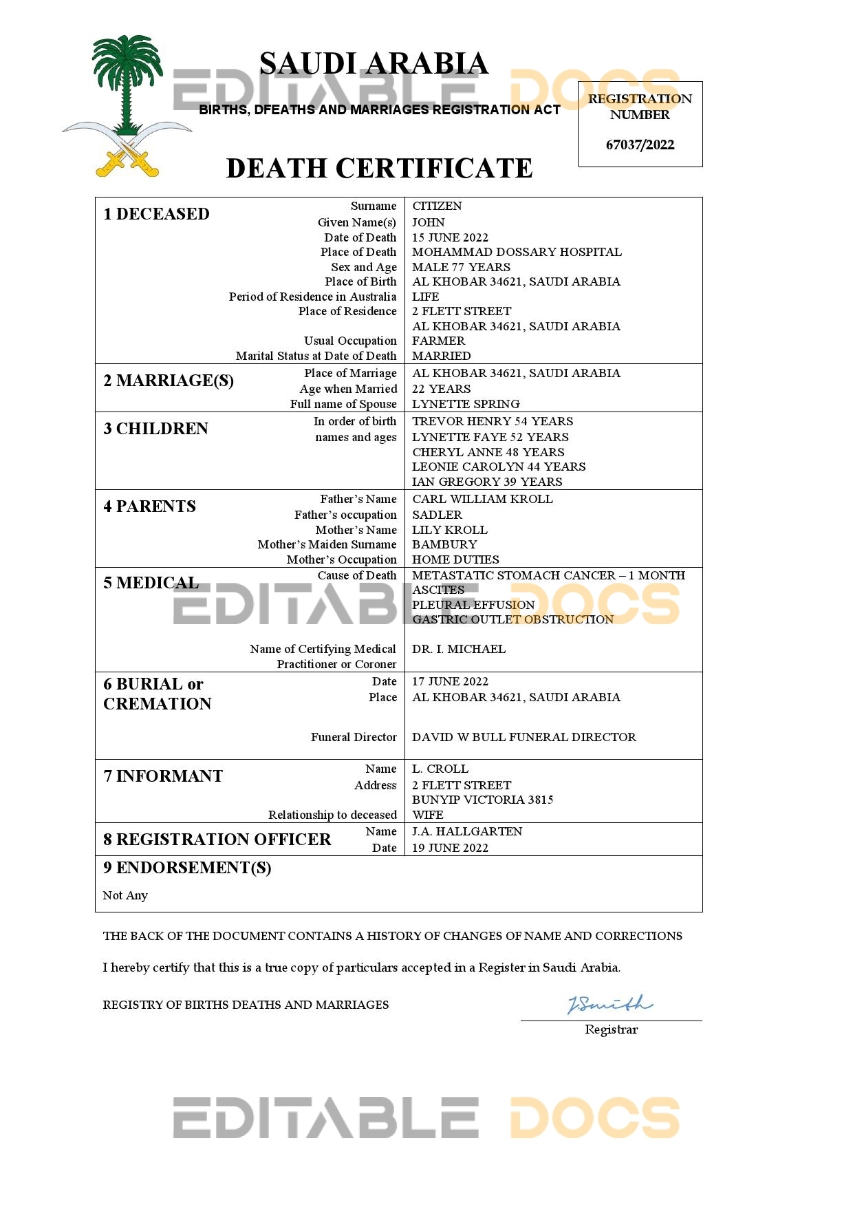 Fillable Saudi Arabia Death PDF Templates | Blank Docs