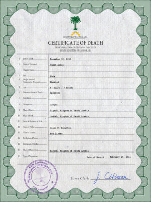Saudi Arabia death certificate PSD template, completely editable