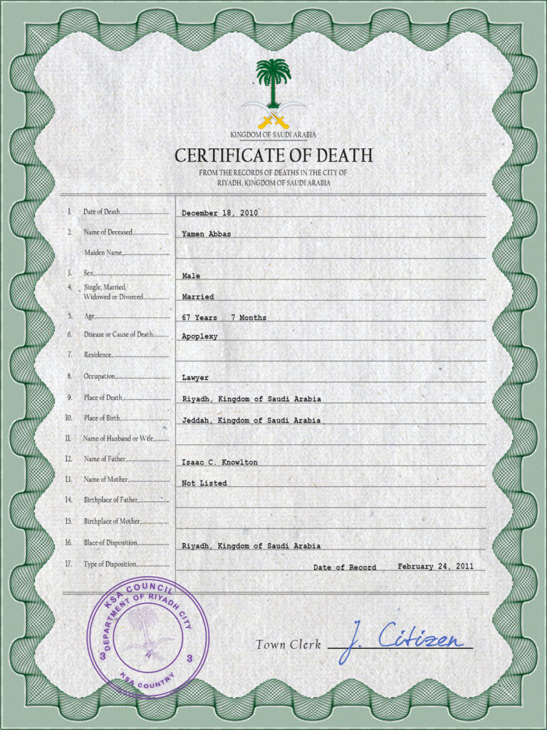 Saudi Arabia death certificate PSD template, completely editable