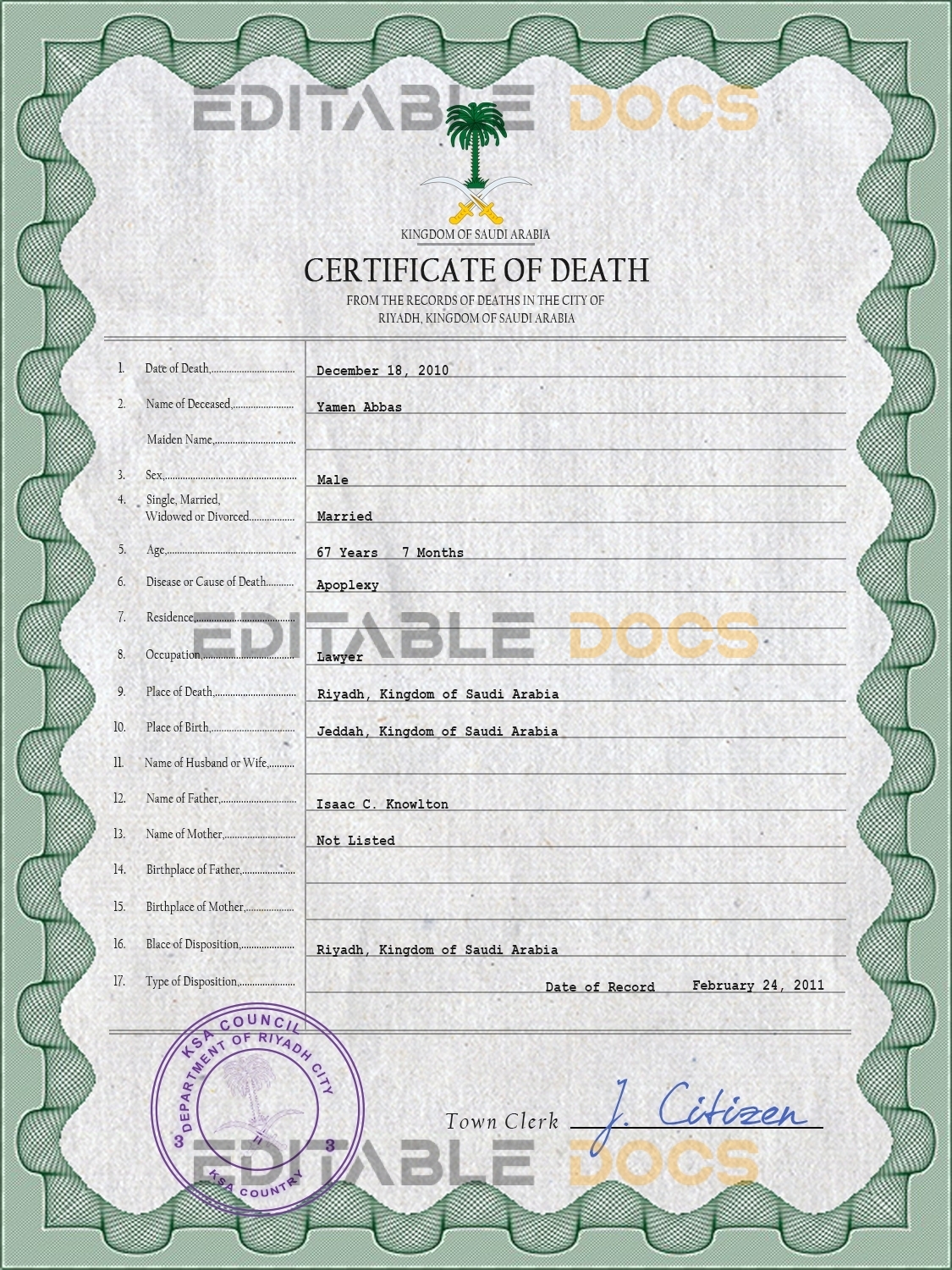 Customizable Saudi Arabia Death Certificate PSD Templates | Instant Download