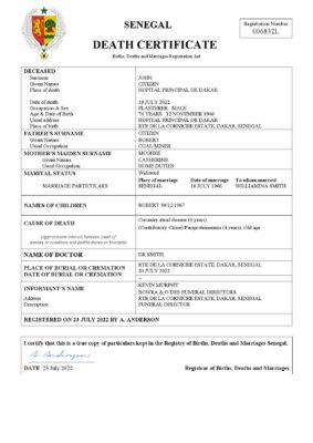 Senegal vital record death certificate Word and PDF template