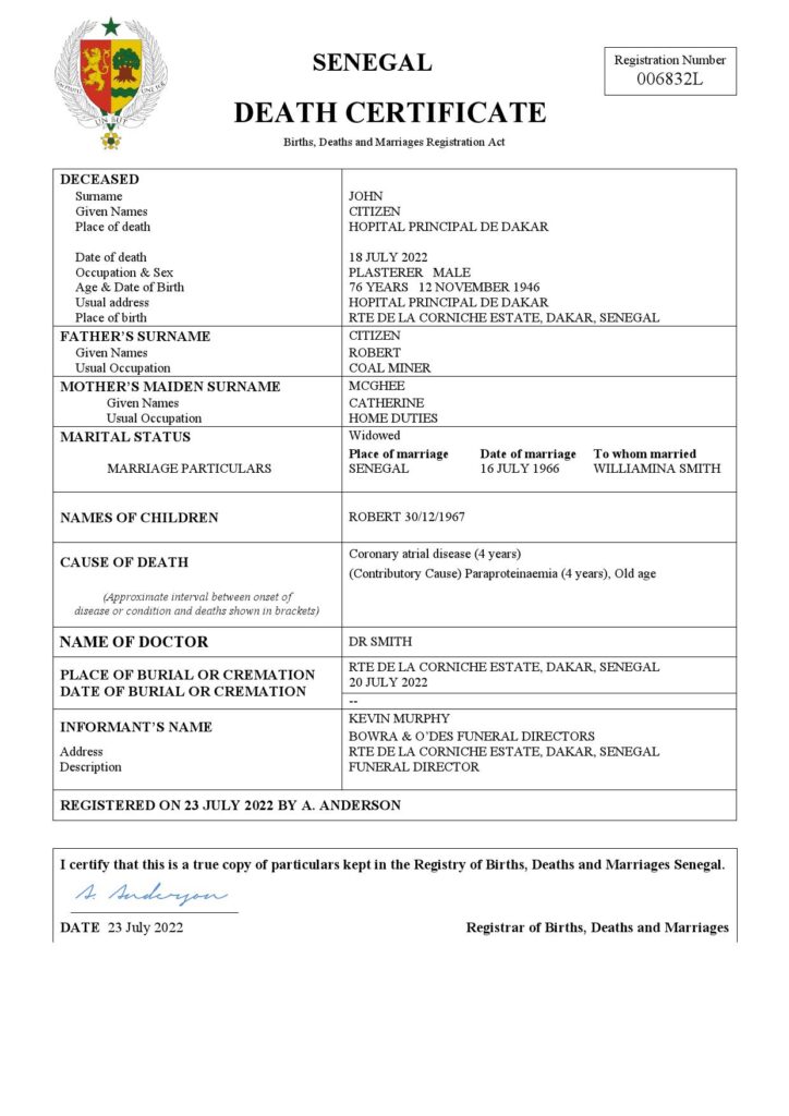 Senegal vital record death certificate Word and PDF template