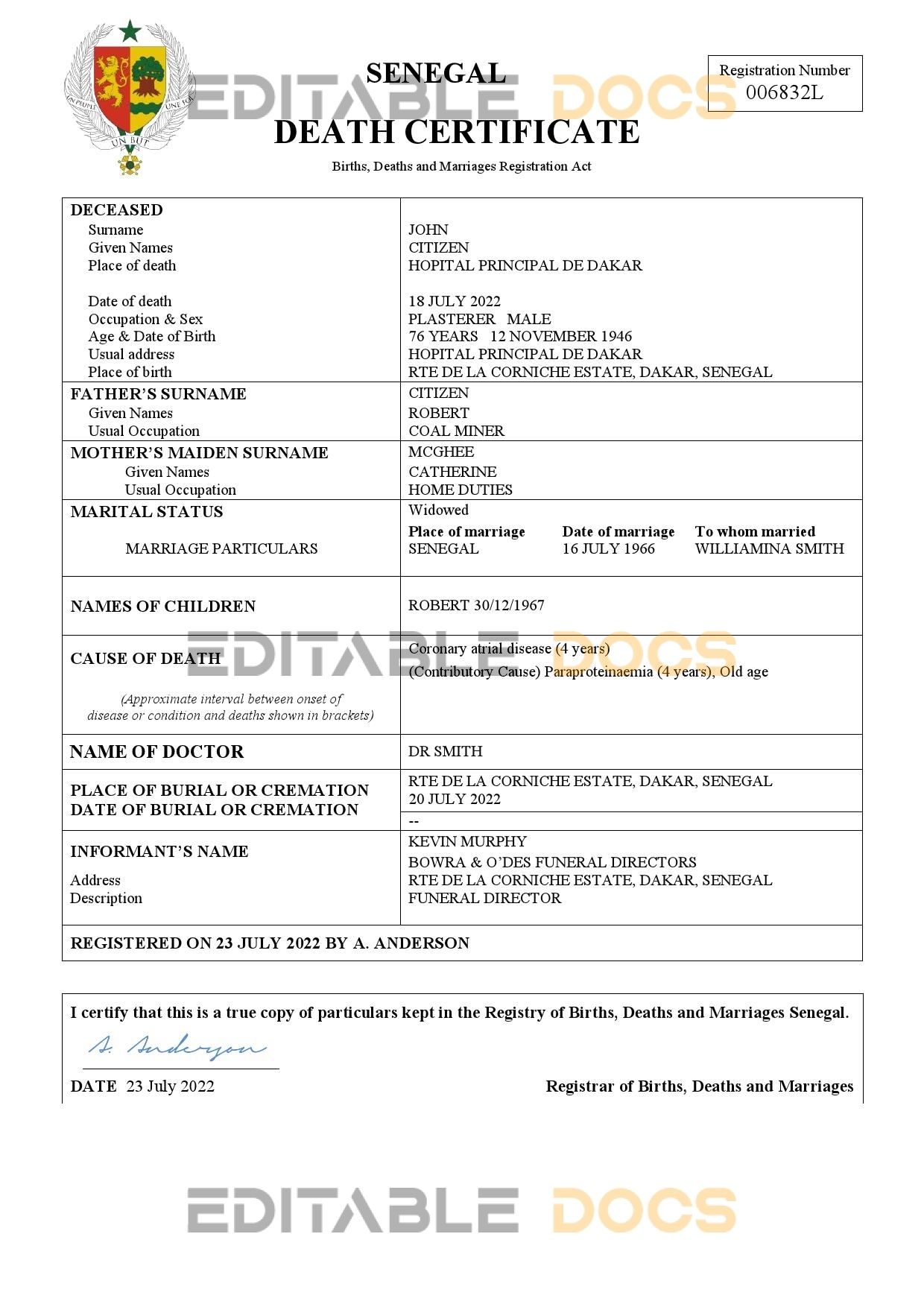 Fillable Senegal Death PDF Templates | Blank Docs
