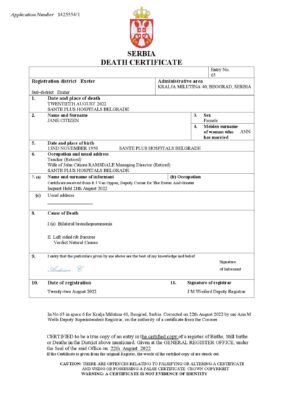 Serbia death certificate Word and PDF template, completely editable