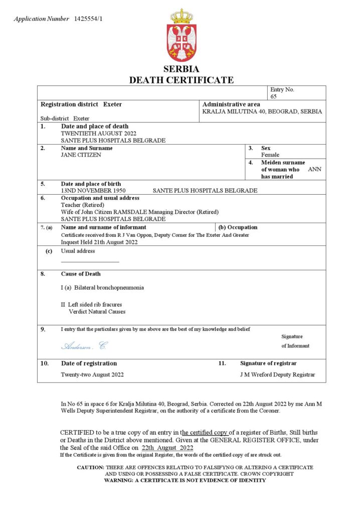 Serbia death certificate Word and PDF template, completely editable