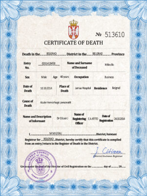 Serbia death certificate PSD template, completely editable