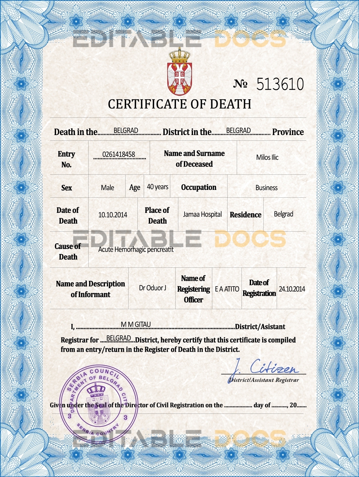 Customizable Serbia Death Certificate PSD Templates | Instant Download