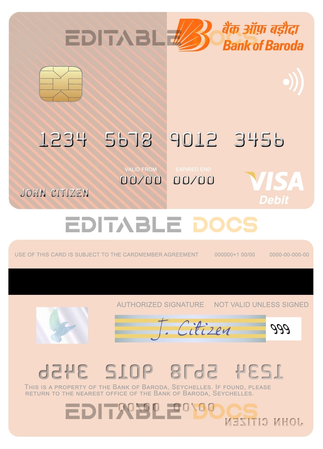 Editable Seychelles Bank of Baroda visa debit card Templates in PSD Format