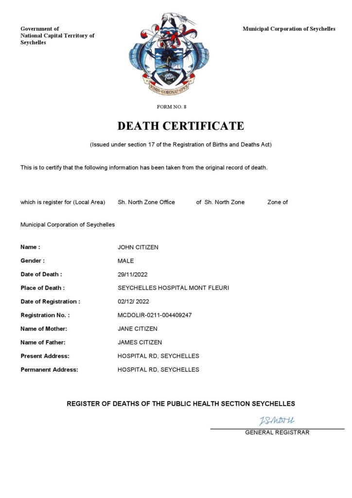 Seychelles vital record death certificate Word and PDF template
