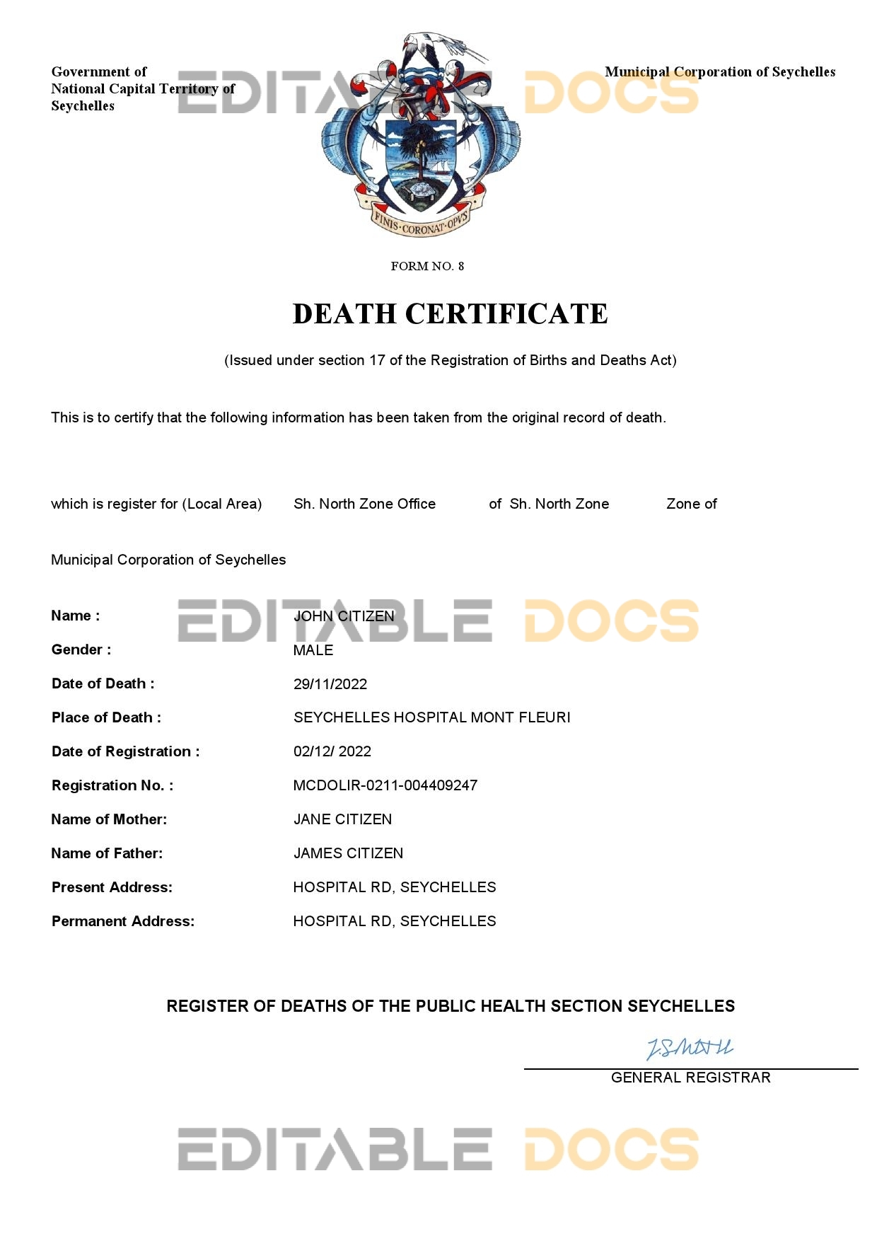Fillable Seychelles Death PDF Templates | Blank Docs