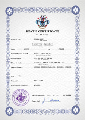 Seychelles vital record death certificate PSD template, fully editable