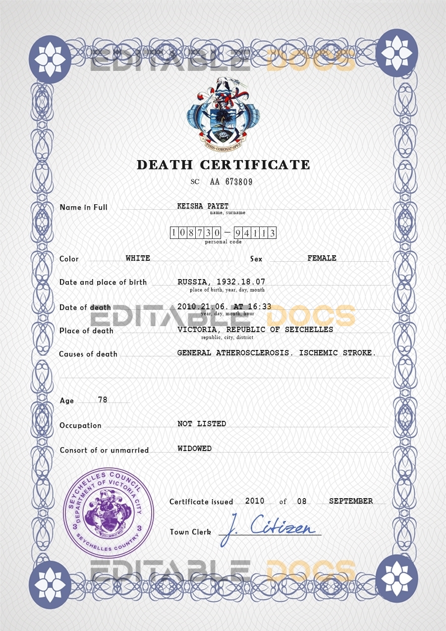 Customizable Seychelles Death Certificate PSD Templates | Instant Download