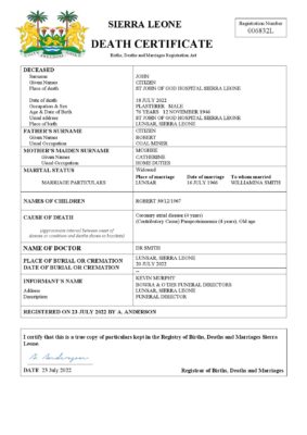 Sierra Leone death certificate Word and PDF template, completely editable