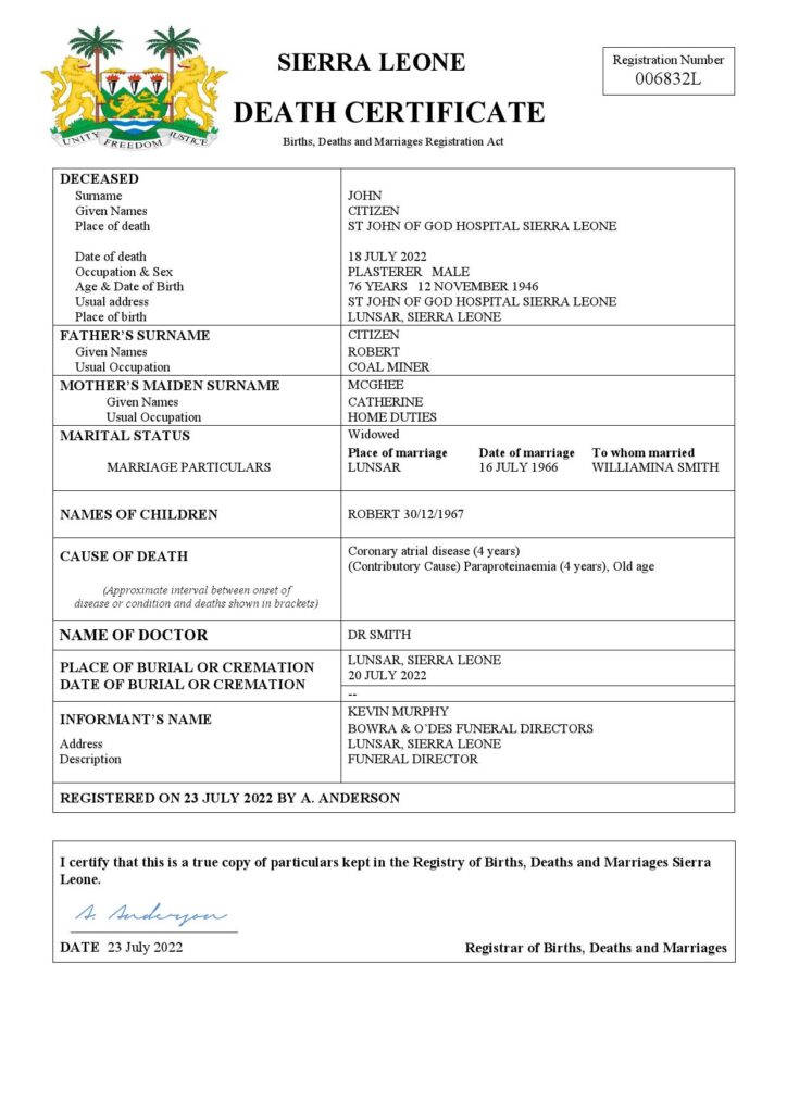 Sierra Leone death certificate Word and PDF template, completely editable