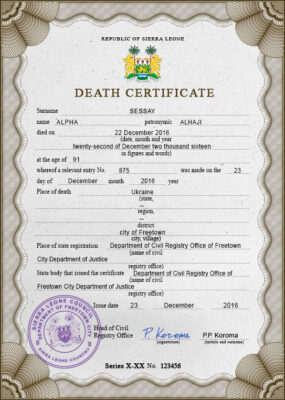 Sierra Leone vital record death certificate PSD template, completely editable