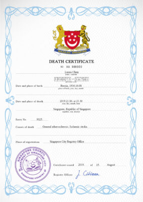 Singapore death certificate PSD template, completely editable