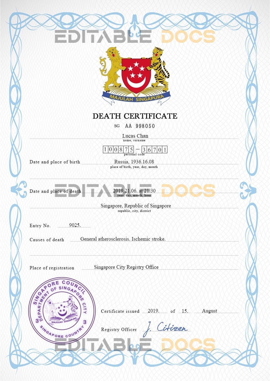 Customizable Singapore Death Certificate PSD Templates | Instant Download