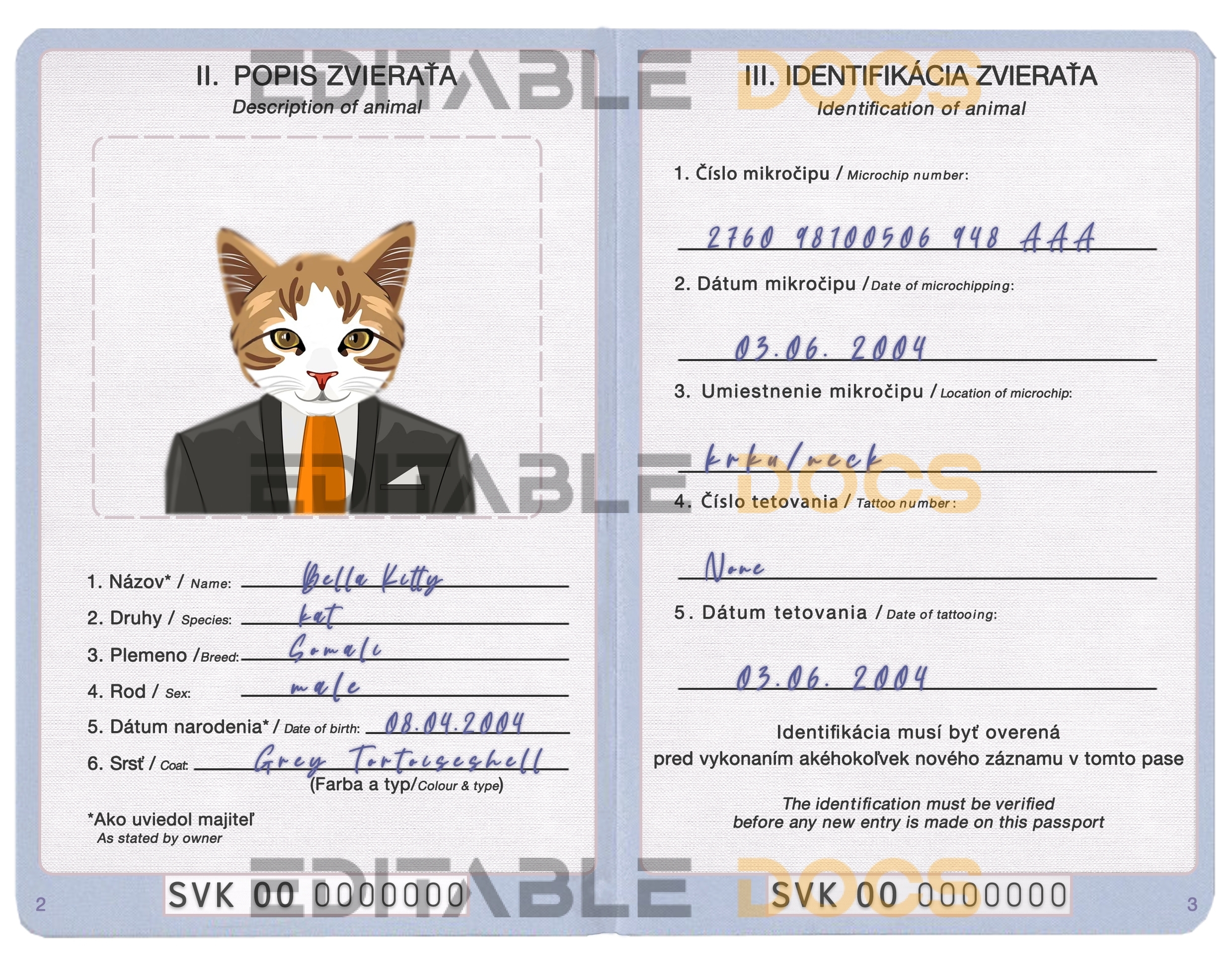 Slovakia cat Fake PSD Passport | Instant Download