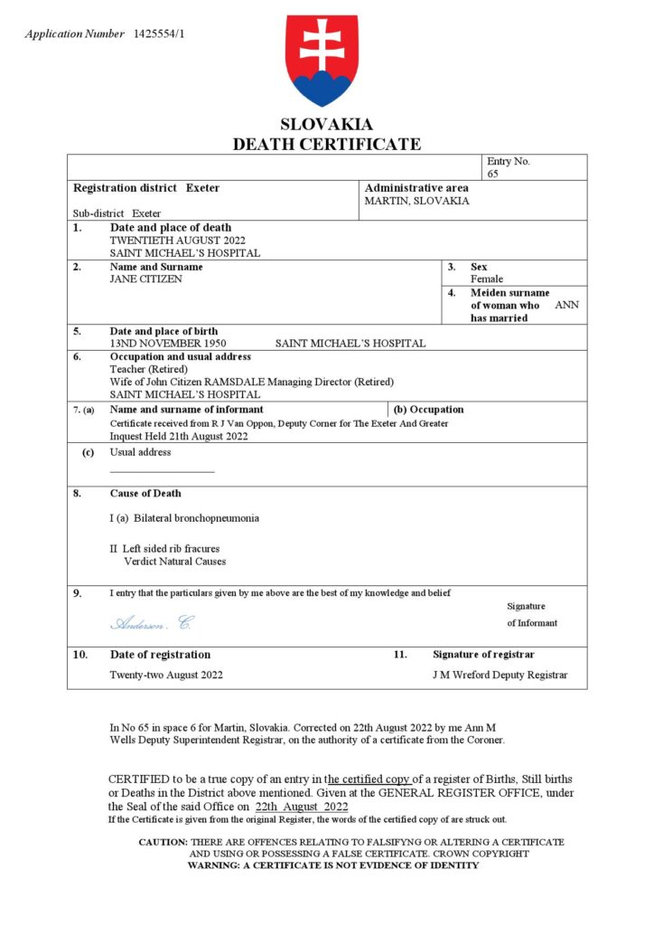 Slovakia death certificate Word and PDF template, completely editable