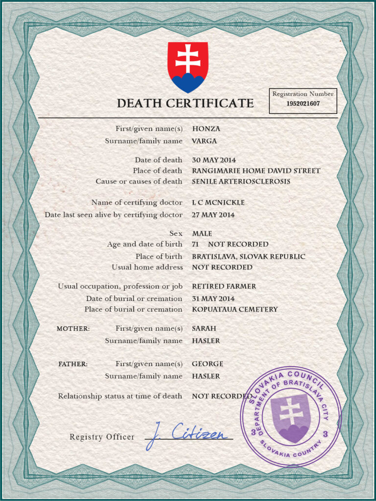 Slovakia vital record death certificate PSD template