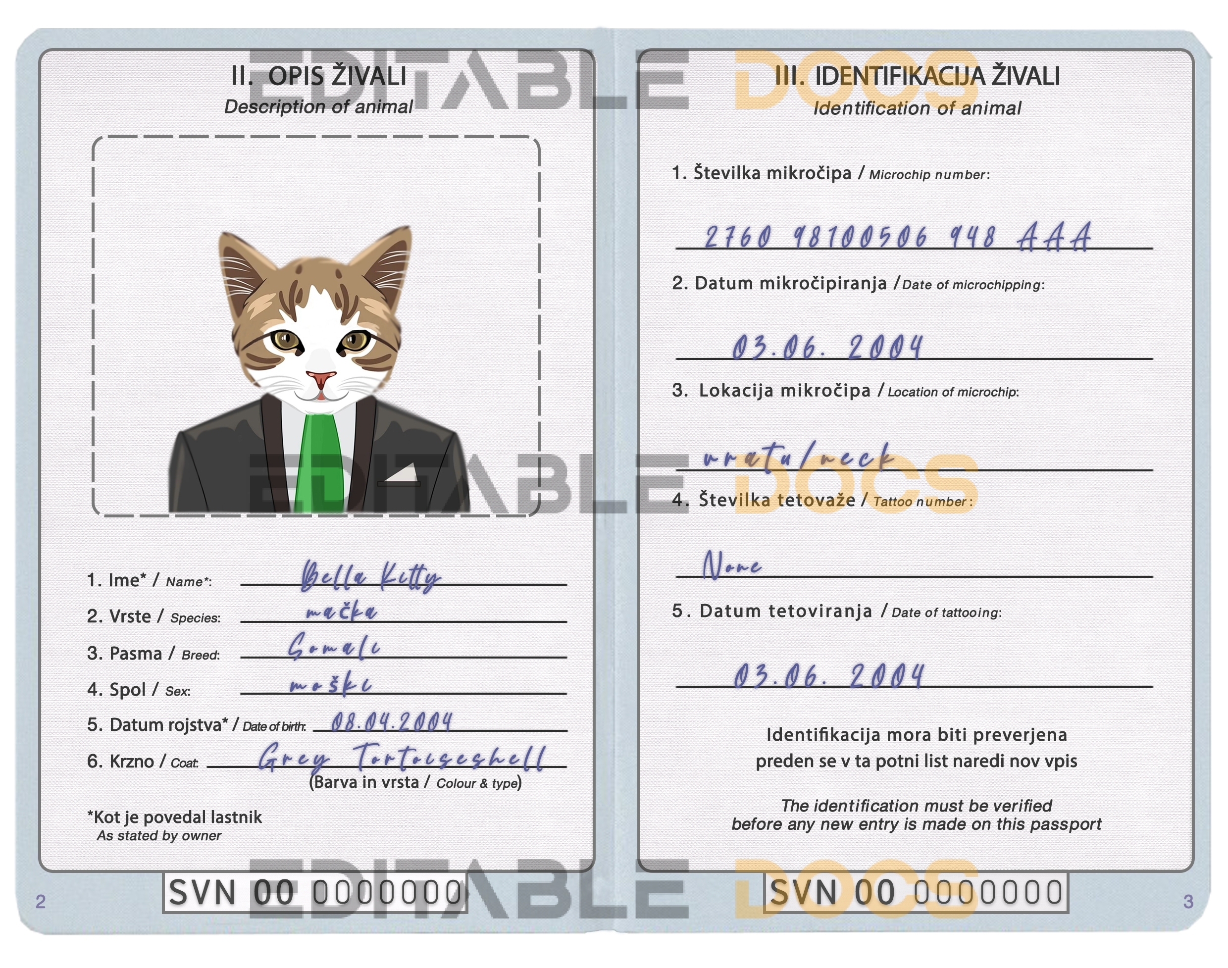 Slovenia cat Fake PSD Passport | Instant Download