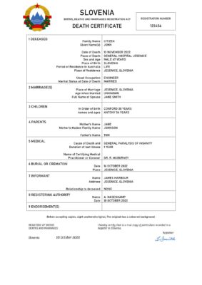 Slovenia vital record death certificate Word and PDF template