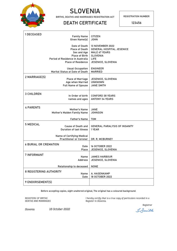 Slovenia vital record death certificate Word and PDF template