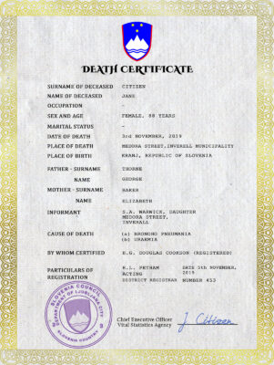 Slovenia death certificate PSD template, completely editable