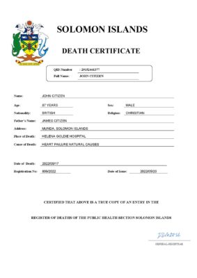 Solomon Islands vital record death certificate Word and PDF template