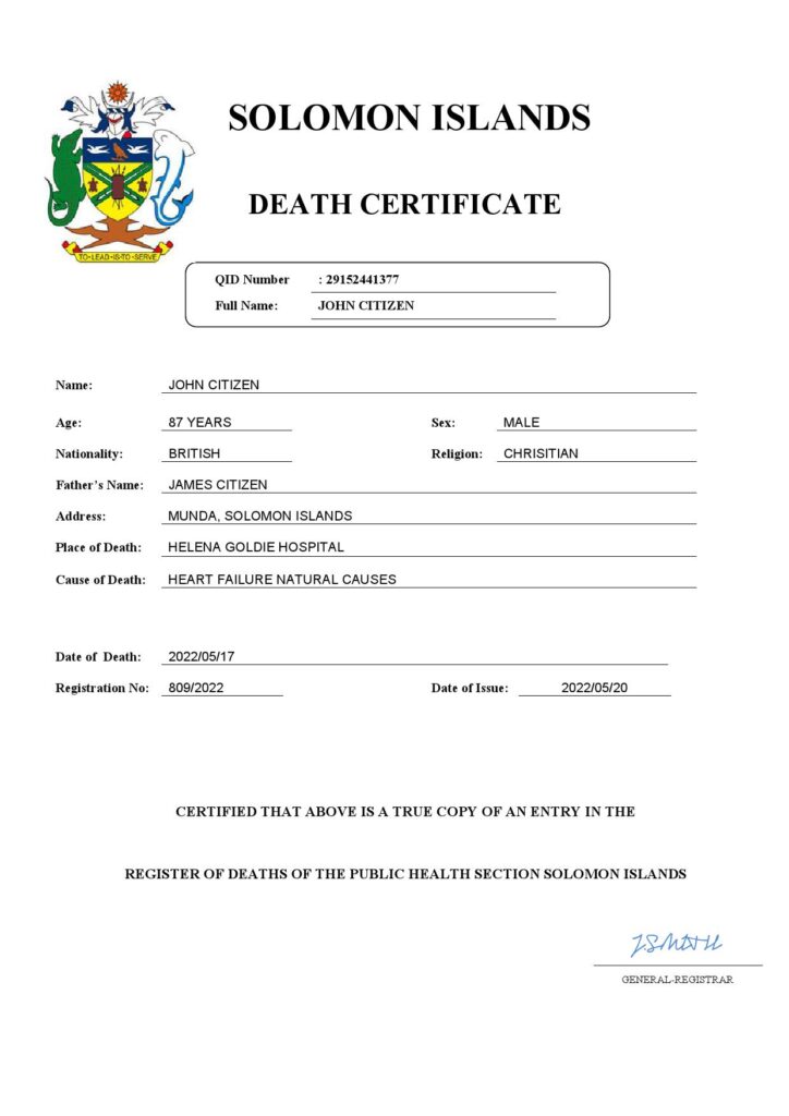 Solomon Islands vital record death certificate Word and PDF template