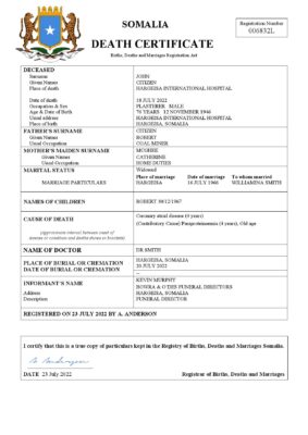 Somalia vital record death certificate Word and PDF template