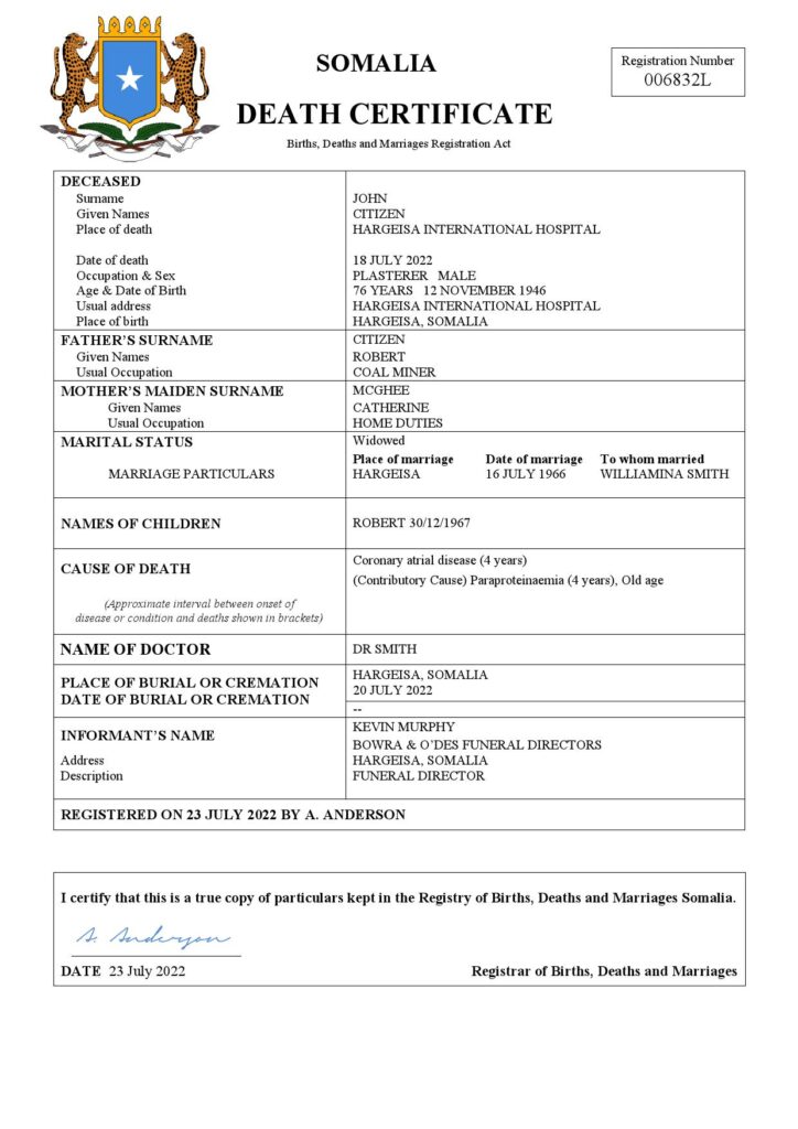 Somalia vital record death certificate Word and PDF template