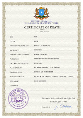 Somalia vital record death certificate PSD template, completely editable