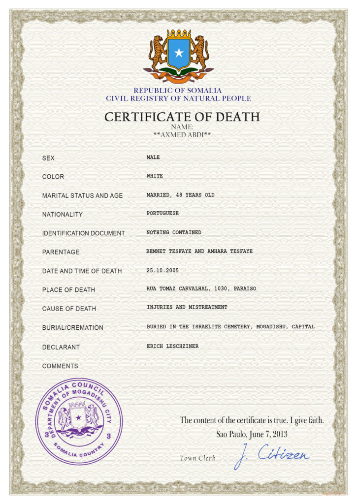 Somalia vital record death certificate PSD template, completely editable