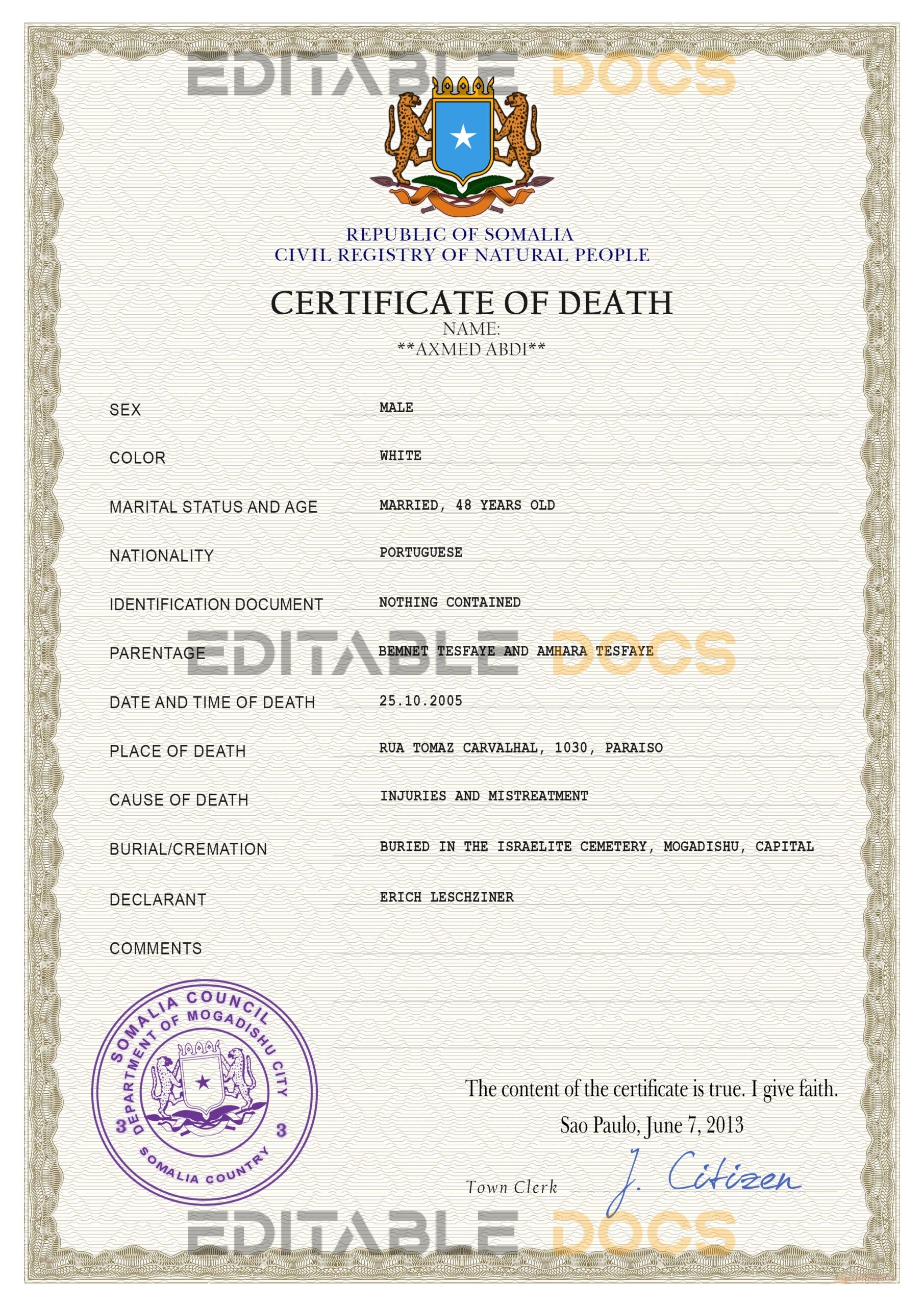 Customizable Somalia Death Certificate PSD Templates | Instant Download